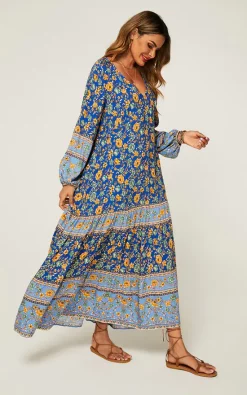 Best Sale 😍 FS Collection Relaxed Block Color Floral Printed Maxi 👗 Dress In Blue 🔥 -Alie Street Shop 019A9664