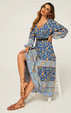 Best Sale 😍 FS Collection Relaxed Block Color Floral Printed Maxi 👗 Dress In Blue 🔥 -Alie Street Shop 019A9683