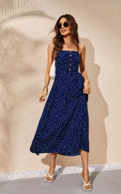 Discount 😀 FS Collection Polka Dot Button Down Strappy Maxi 👗 Dress In Navy 🥰