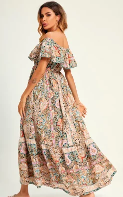 Promo βοΈ FS Collection Paisley Print Bardot Hem Maxi π Dress In Beige π