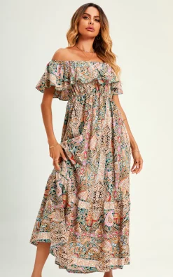 Promo ✔️ FS Collection Paisley Print Bardot Hem Maxi 👗 Dress In Beige 😍 -Alie Street Shop 1A7A6374