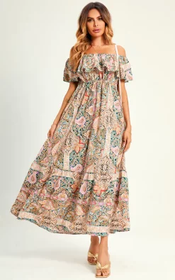 Promo ✔️ FS Collection Paisley Print Bardot Hem Maxi 👗 Dress In Beige 😍 -Alie Street Shop 1A7A6394