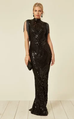 Outlet ⭐ Nazz Collection Magic Vip Embellished Illusion Maxi Occasion 👗 Dress With Tassels And Sequins In Black 🌟