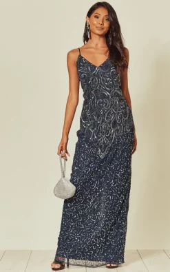 Cheap 𧨠ANGELEYE Embellished Sequin Maxi π Dress Navy Silver π