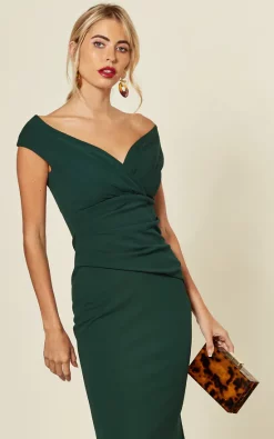 Promo 🥰 Goddiva Bardot Pleated Occasion Maxi 👗 Dress In Emerald Green 🛒 -Alie Street Shop 2019 09 04 Susie Amy Goddiva101371