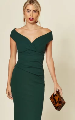 Promo 🥰 Goddiva Bardot Pleated Occasion Maxi 👗 Dress In Emerald Green 🛒 -Alie Street Shop 2019 09 04 Susie Amy Goddiva101372