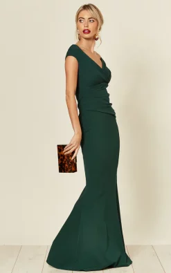 Promo 🥰 Goddiva Bardot Pleated Occasion Maxi 👗 Dress In Emerald Green 🛒 -Alie Street Shop 2019 09 04 Susie Amy Goddiva101374