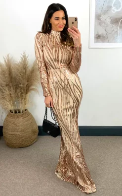 Best Sale β€οΈ Nazz Collection Trinity Luxe Rose Gold Sequin Tree Effect Illusion Maxi π Dress β¨