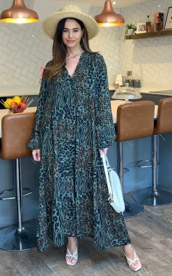 Buy 🛒 Blue Vanilla Mara Leopard Print Tiered Maxi 👗 Dress In Khaki 🤩 -Alie Street Shop 2021 04 19 Megan Naomi BlueVanilla16