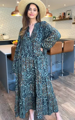 Buy 🛒 Blue Vanilla Mara Leopard Print Tiered Maxi 👗 Dress In Khaki 🤩 -Alie Street Shop 2021 04 19 Megan Naomi BlueVanilla20
