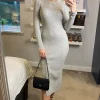 Discount 👏 CY Boutique Ribbed Midi Knit 👗 Dress Long Sleeves In Plain Grey 👏 -Alie Street Shop 2021 12 09 Sasha CYboutique2