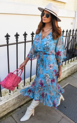 Deals ⭐ TENKI LONDON Kimono Sleeve Floral Maxi Wrap 👗 Dress In Blue 🥰