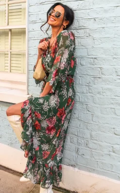 Coupon 🛒 TENKI LONDON Kimono Sleeve Floral Maxi Wrap 👗 Dress In Green ⭐ -Alie Street Shop 2022 01 19 Naomi Tenki3
