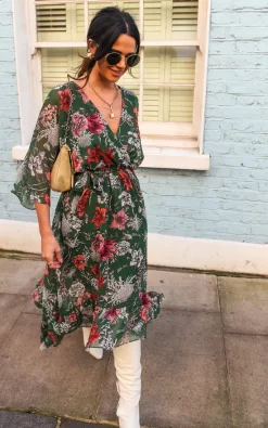 Coupon 🛒 TENKI LONDON Kimono Sleeve Floral Maxi Wrap 👗 Dress In Green ⭐