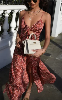 Coupon 🔔 TENKI LONDON Strappy Polka Tie Front Slit Satin Maxi 👗 Dress In Rust Red ✔️ -Alie Street Shop 2022 02 21 Mollie Shree Tenki20