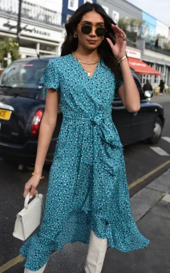 Brand new 👏 TENKI LONDON Ruffle Sleeve Patterned Ruffle Wrap Maxi 👗 Dress In Turquoise Blue 🥰