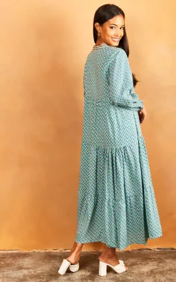 Flash Sale 🥰 Bella And Blue Geometric Print Long Sleeve Maxi 👗 Dress In Green 🌟 -Alie Street Shop 2022 03 31 Jen Julia Bella Blue22296