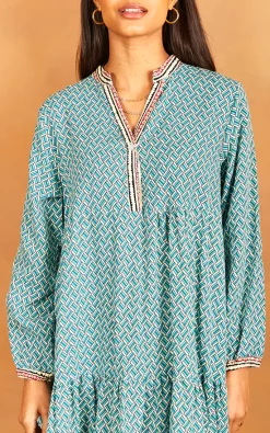 Flash Sale 🥰 Bella And Blue Geometric Print Long Sleeve Maxi 👗 Dress In Green 🌟 -Alie Street Shop 2022 03 31 Jen Julia Bella Blue22300