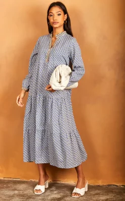 Top 10 π Bella And Blue Geometric Print Long Sleeve Maxi π Dress In Blue π
