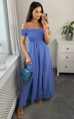 Buy β€οΈ TENKI LONDON Floral Pattern Off Shoulder Bardot Midi π Dress In Blue π