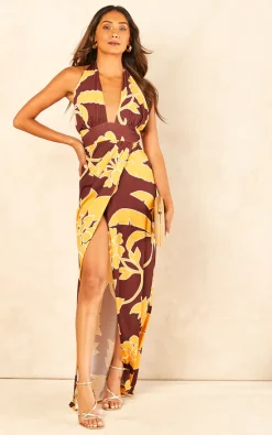 Buy 💯 Goddiva Printed Crossover Maxi 👗 Dress In Brown 💯 -Alie Street Shop 2022 08 03 Jen Shree Goddiva63270