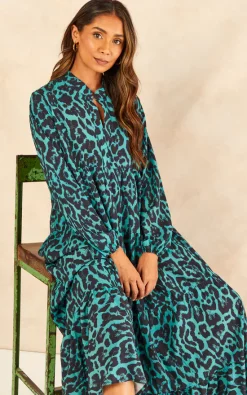 Deals 🎉 Gini London Animal Print Green Long Sleeve Tiered Maxi 👗 Dress 🧨