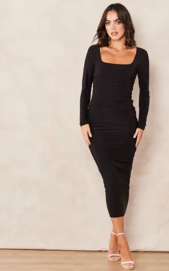 Discount 😍 Pleat Boutique Evie Square Neck Long Sleeve Ruched Midaxi 👗 Dress In Black 🎁 -Alie Street Shop 2022 09 14 Tom Mollie Pleat14541