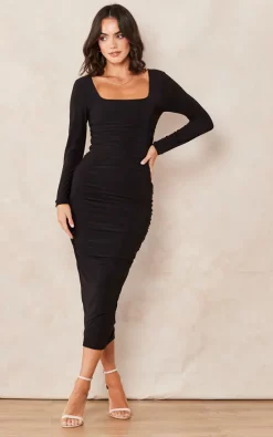 Discount 😍 Pleat Boutique Evie Square Neck Long Sleeve Ruched Midaxi 👗 Dress In Black 🎁