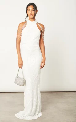 Deals 🧨 Nazz Collection Starstruck High Neck White Embellished Jewel Shoulder Hourglass Maxi 🛒