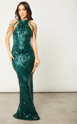 Best Pirce 👏 Nazz Collection Starstruck High Neck Green Embellished Jewel Shoulder Hourglass Maxi ✨
