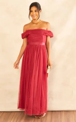 New 🔔 Anaya With Love Recycled Garnet Bardot Maxi 👗 Dress With Sash Belt 😀