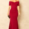 Coupon 😍 Feverfish Bardot Off Shoulder Maxi 👗 Dress Burgundy ❤️ -Alie Street Shop 2022 11 29 Jen Mollie Feverfish25534