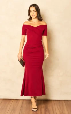 Coupon 😍 Feverfish Bardot Off Shoulder Maxi 👗 Dress Burgundy ❤️