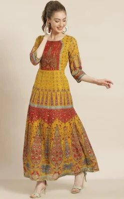 Cheap ⌛ Nesavaali Mustard Yellow & Red Ethnic Motifs Maxi 👗 Dress 🧨 -Alie Street Shop 28