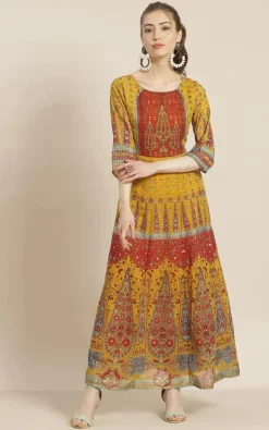 Cheap ⌛ Nesavaali Mustard Yellow & Red Ethnic Motifs Maxi 👗 Dress 🧨 -Alie Street Shop 30