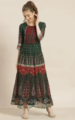 Buy 🎉 Nesavaali Green & Red Vintage Motifs Maxi 👗 Dress 🔥 -Alie Street Shop 41