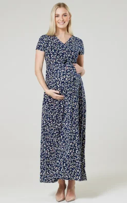 Best Sale ✨ Happy Mama Maternity Nursing Maxi Wrap 👗 Dress In Navy With Pattern 👏