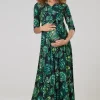 Best Sale 🔔 Happy Mama Maternity & Nursing Maxi In Navy With Green Leaves ⌛ -Alie Street Shop 608 NVGL 3