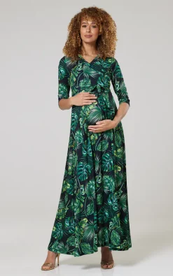 Best Sale 🔔 Happy Mama Maternity & Nursing Maxi In Navy With Green Leaves ⌛