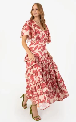 New 🔔 Anaya With Love Recycled Red Floral Ruffle Midaxi 👗 Dress 👍