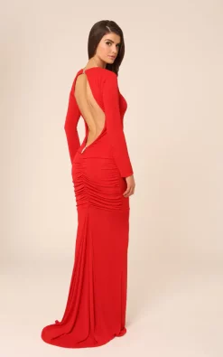 Coupon 🎁 Honor Gold Bella Red Backless With Long Sleeves Maxi 👗 Dress 🤩