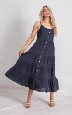 Best Pirce 🤩 Boutique Store Navy Linen Button Down Tiered Maxi 👗 Dress 😍