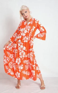 Wholesale 👍 Boutique Store Orange Floral Tiered Maxi 👗 Dress ✔️