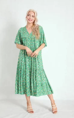 Wholesale 👏 Boutique Store Green Floral V Neck Tiered 👗 Dress 😍