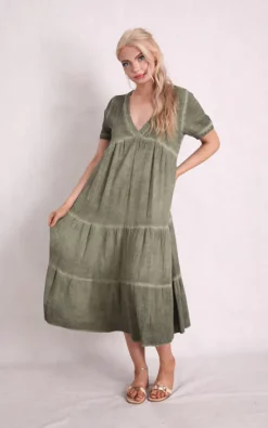 Hot Sale 💯 Boutique Store Khaki Cheesecloth V Neck Tiered Maxi 👗 Dress 🎁