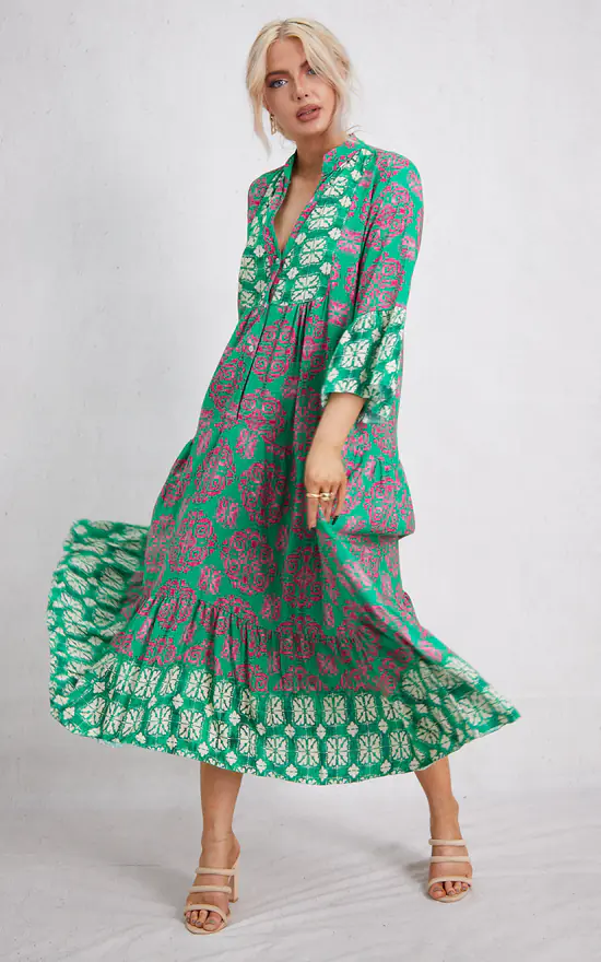 Wholesale π Boutique Store Green & Fuchsia Button Front Maxi Tiered π Dress π€© 6 Wholesale π Boutique Store Green & Fuchsia Button Front Maxi Tiered π Dress π€© - Image 4