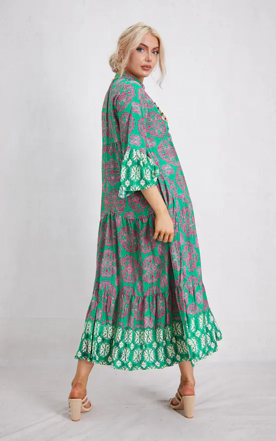 Wholesale π Boutique Store Green & Fuchsia Button Front Maxi Tiered π Dress π€© 5 Wholesale π Boutique Store Green & Fuchsia Button Front Maxi Tiered π Dress π€© - Image 3