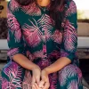 Promo ✨ SUGARHILL BRIGHTON Lauren Batik Smock 👗 Dress Green/ Pink Palm Fronds 😀