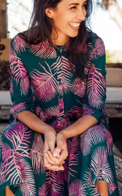 Promo β¨ SUGARHILL BRIGHTON Lauren Batik Smock π Dress Green/ Pink Palm Fronds π