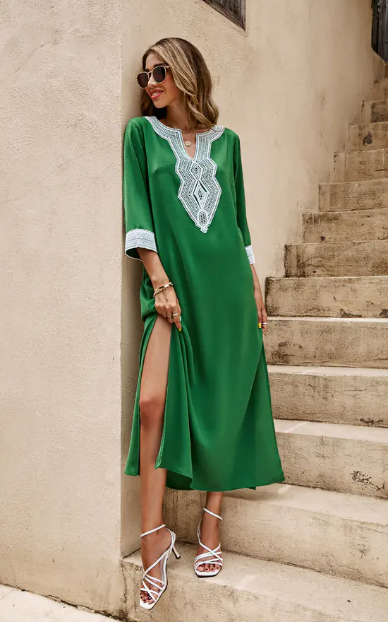 Cheapest π₯° FS Collection White Lace Detail Tunic Maxi π Dress In Green π 3 Cheapest π₯° FS Collection White Lace Detail Tunic Maxi π Dress In Green π